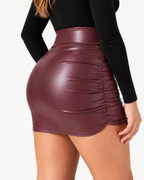 High Waist Tummy Control Ruched 2-in-1 Fleece PU Mini Bodycon Skirt