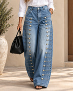 High Waist Side Multi Strap Buckle Wide Leg Jeans