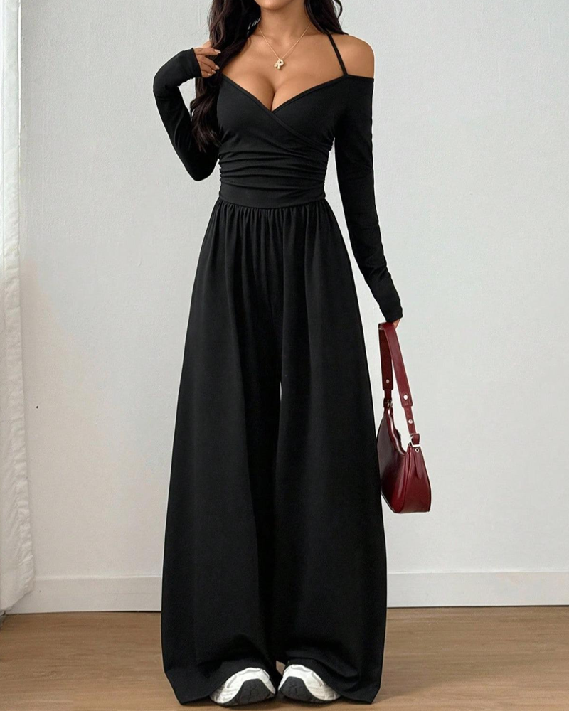 Basic Halter-Neck Fashion Solid Color Knit Long Sleeve Ruched Wide Leg Jumpsuit