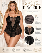Plus Size Floral Lace Mesh Ruffle Babydoll Lingerie