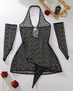 Heart Cutout Fishnet Mini Dress & Gloves Set
