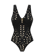 Black One-Shoulder Tummy Control Laser-Cut Floral Swimsuit Set