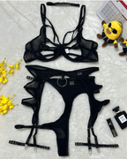 Sexy Metal O-Ring Cutout Sheer Mesh Lingerie Set