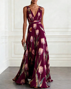 Tulip Print Chiffon Sleeveless V-Neck Maxi Dress