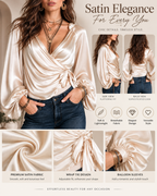 Women's Deep V Satin Tie-Up Lantern Long Sleeve Top
