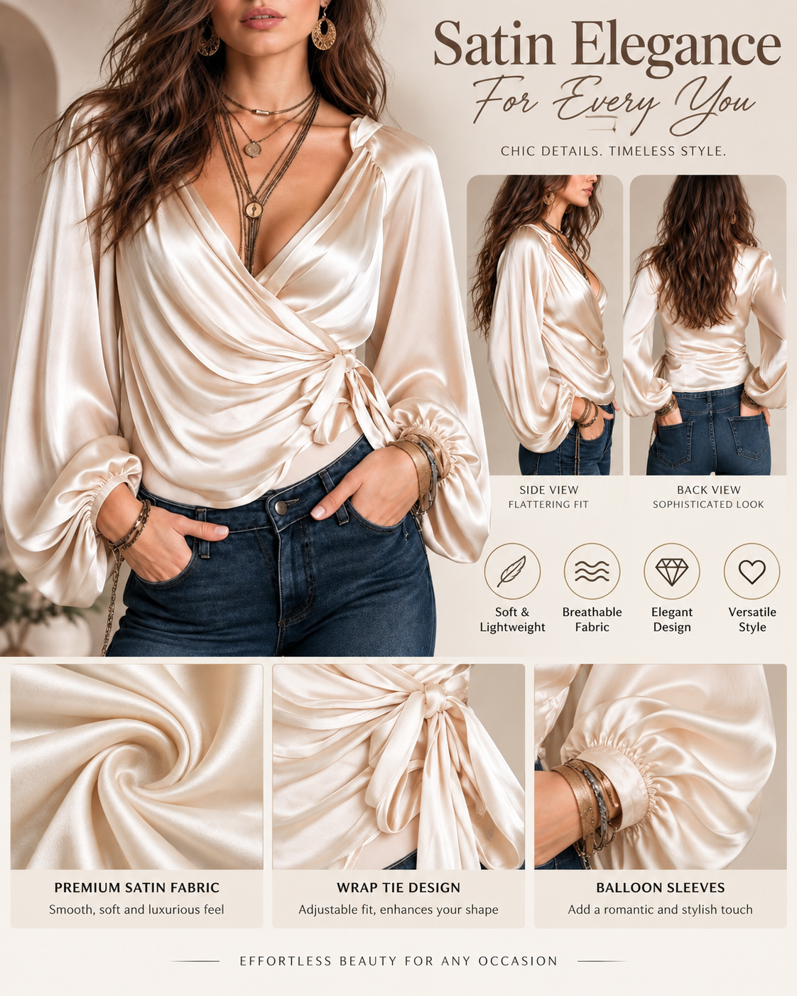 Women's Deep V Satin Tie-Up Lantern Long Sleeve Top
