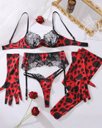 Leopard print lace paneled comfortable five-piece underwear set