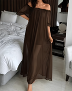 Sexy Sheer Mesh Ruffle Off-the-Shoulder Long Nightgown