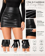High Waist Tummy Control Ruched 2-in-1 Fleece PU Mini Bodycon Skirt