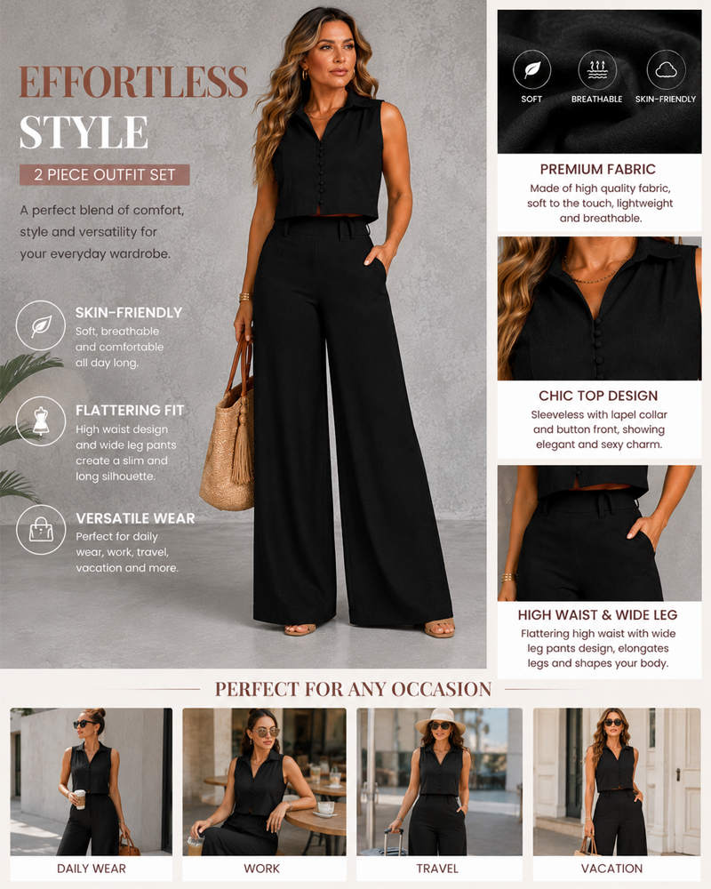 Slimming Sleeveless Top and High Waist Wide Leg Casual Long Pants Set