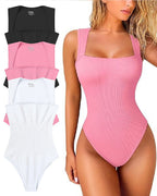Women's Square Neck Sleeveless Knit Ribbed Vest Bodysuit