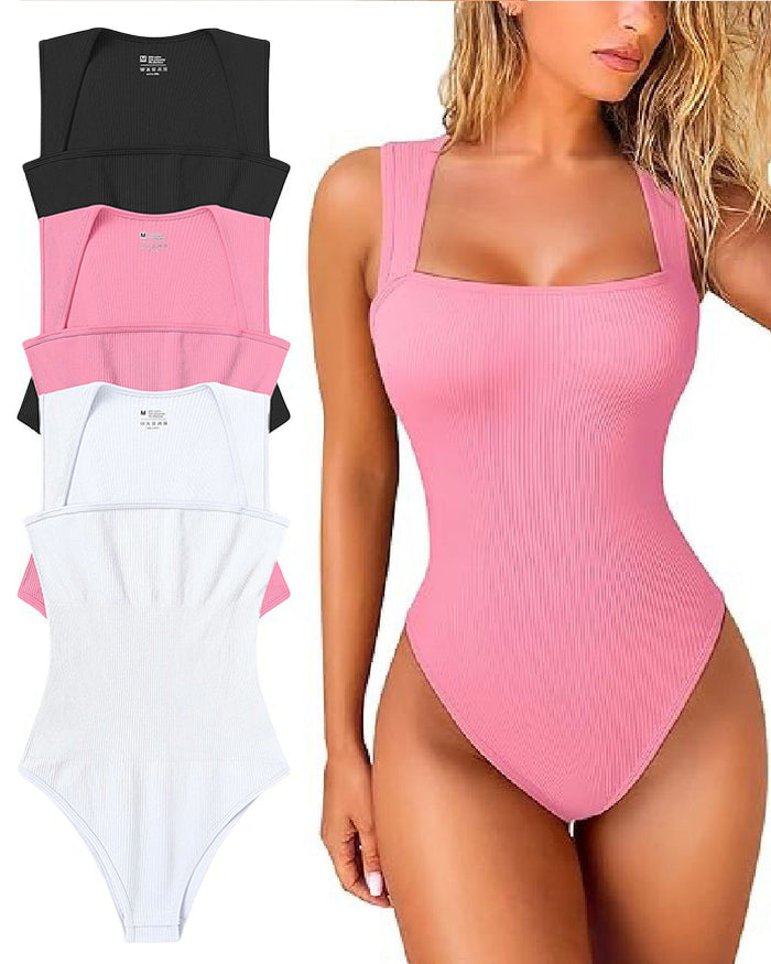 Women's Square Neck Sleeveless Knit Ribbed Vest Bodysuit