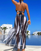 Sexy Contrast Print Ring Detail Bikini with Beach Maxi Skirt
