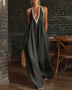 Elegant Casual Loose Linen Jumpsuit with Lace Trim