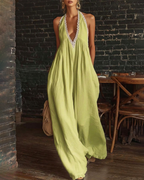 Elegant Casual Loose Linen Jumpsuit with Lace Trim
