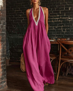 Elegant Casual Loose Linen Jumpsuit with Lace Trim