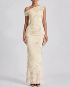 Sexy One-Shoulder Embroidered Mesh Panel Bodycon Dress