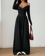 Basic Halter-Neck Fashion Solid Color Knit Long Sleeve Ruched Wide Leg Jumpsuit