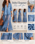 Retro Casual Lapel Faux Denim Chiffon Patchwork Long Dress