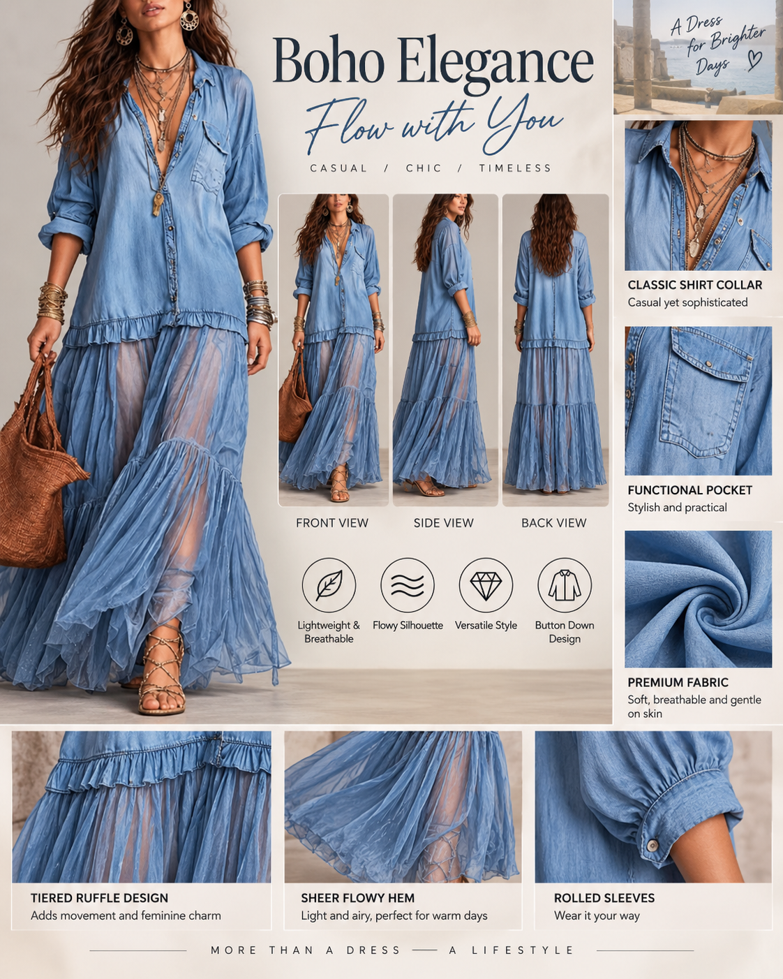 Retro Casual Lapel Faux Denim Chiffon Patchwork Long Dress
