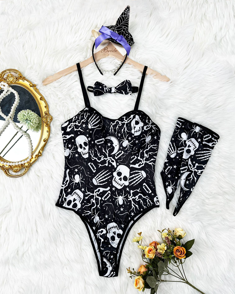 Halloween Skull Ghost Print Bodysuit with Bow Tie