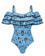 Blue Printed Waist Cut Out Swimsuit Set