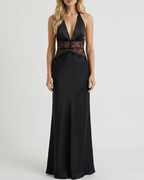 Elegant V-Neck Halter Lace and Satin Patchwork Maxi Dress