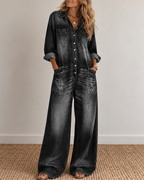 Sexy Button-Front Denim Shirt Loose Wide-Leg Jumpsuit