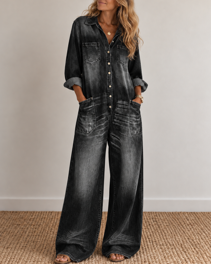 Sexy Button-Front Denim Shirt Loose Wide-Leg Jumpsuit