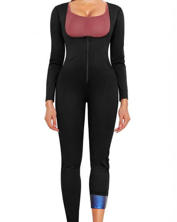Solid color simple zipper sauna body shaping jumpsuit