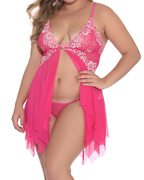 Sexy Deep V Lace Translucent Mesh Front Button Suspender Nightdress and Thong Set
