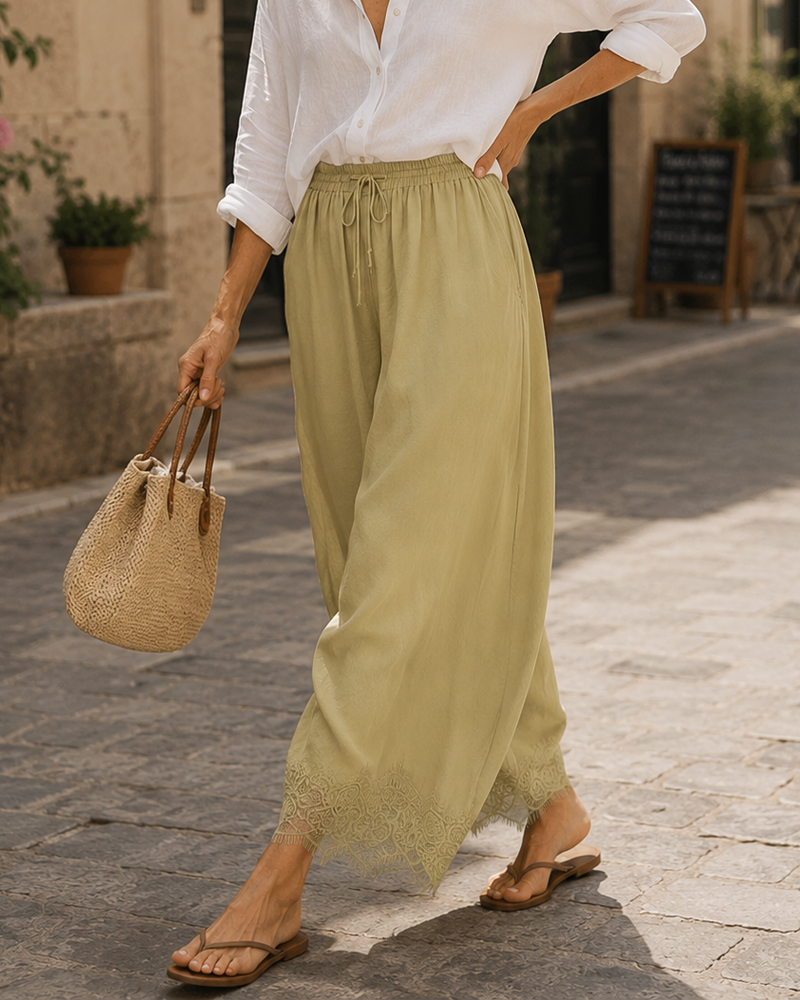 Elegant & Comfortable Lace-Trim Chiffon Wide-Leg Pants