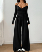 Basic Halter-Neck Fashion Solid Color Knit Long Sleeve Ruched Wide Leg Jumpsuit