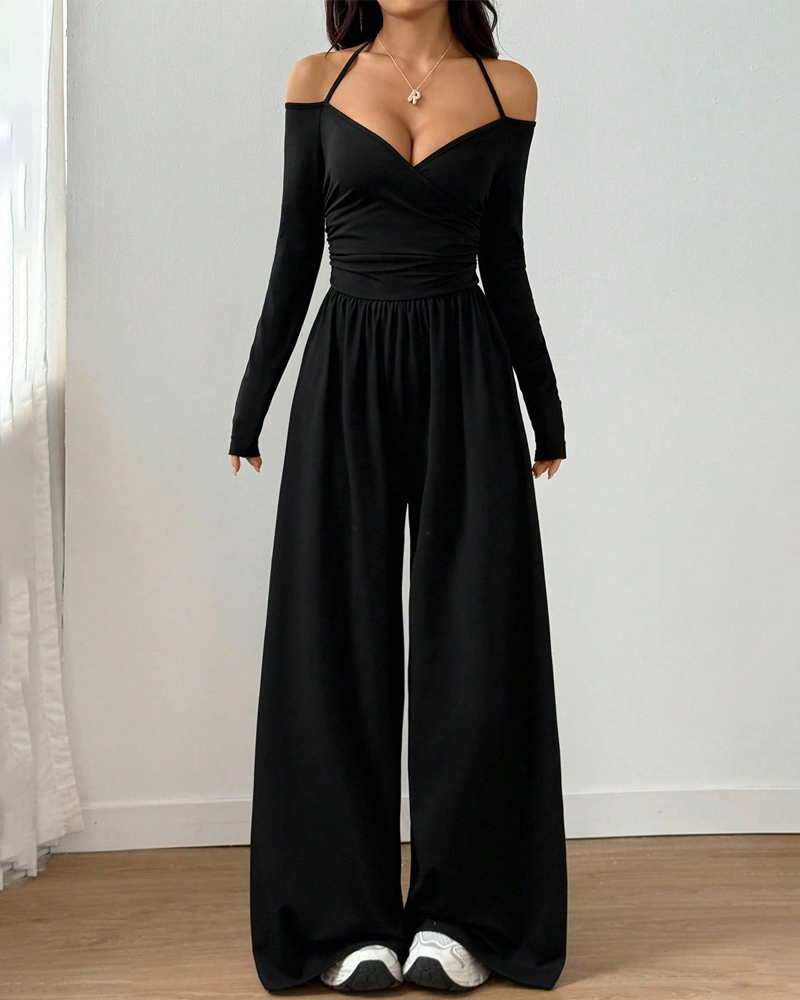 Basic Halter-Neck Fashion Solid Color Knit Long Sleeve Ruched Wide Leg Jumpsuit