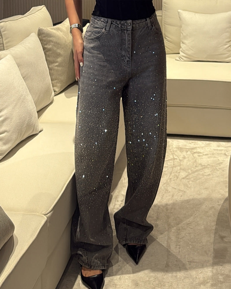 Women's Rhinestone High-Rise Washed Straight Jeans