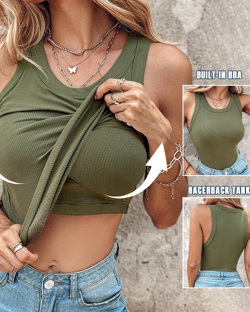 Women's Casual Comfort Round Neck Built-in Bra Ribbed Sleeveless Tank Top