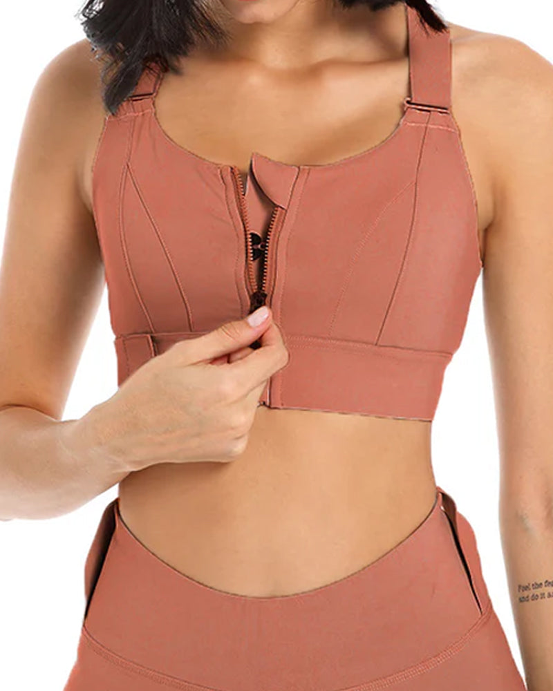Women's Zipper Front High-Strength Support Adjustable Straps Cross Back Short Fitness Sports Bra