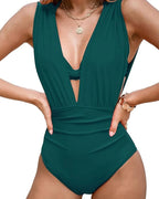Women's Beach Vacation Underwire Halter Neck Bikini Top and Plunge-Down Ruched Swimsuit Set