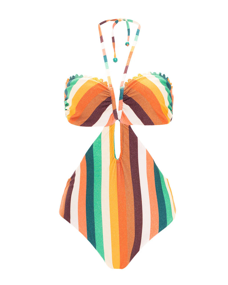 Beach Vacation Bandeau Halter Neck Backless Striped Colorblock One-Piece Swimsuit