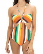 Beach Vacation Bandeau Halter Neck Backless Striped Colorblock One-Piece Swimsuit
