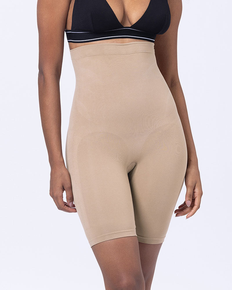 Women's Mid-Rise Seamless Tummy-Control Butt Lift Height-Shaping Elastic Tight Shorts