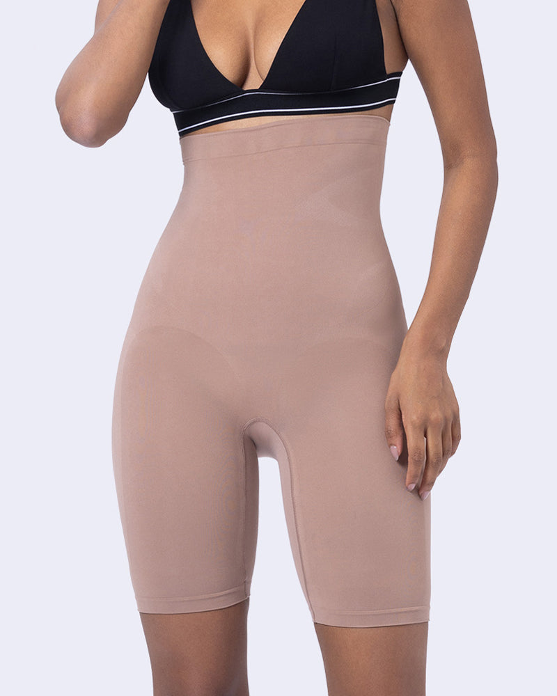 Women's Mid-Rise Seamless Tummy-Control Butt Lift Height-Shaping Elastic Tight Shorts