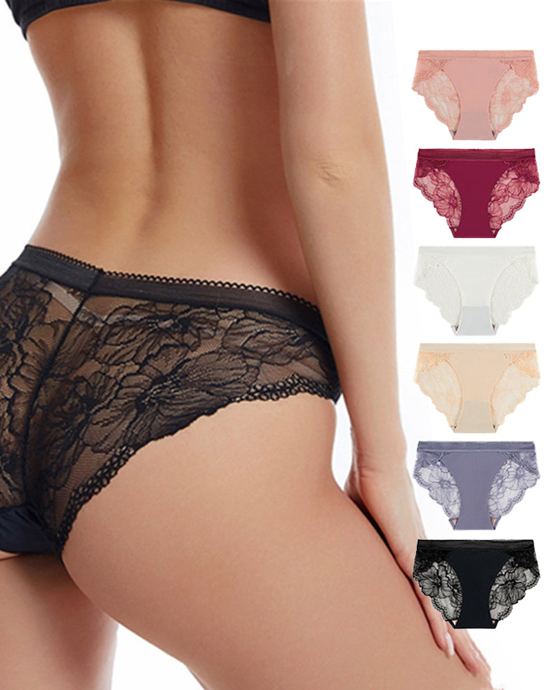 Sexy Mid-Waist Ice Silk Seamless Stitching Hollow Lace Cotton Crotch Breathable Panties