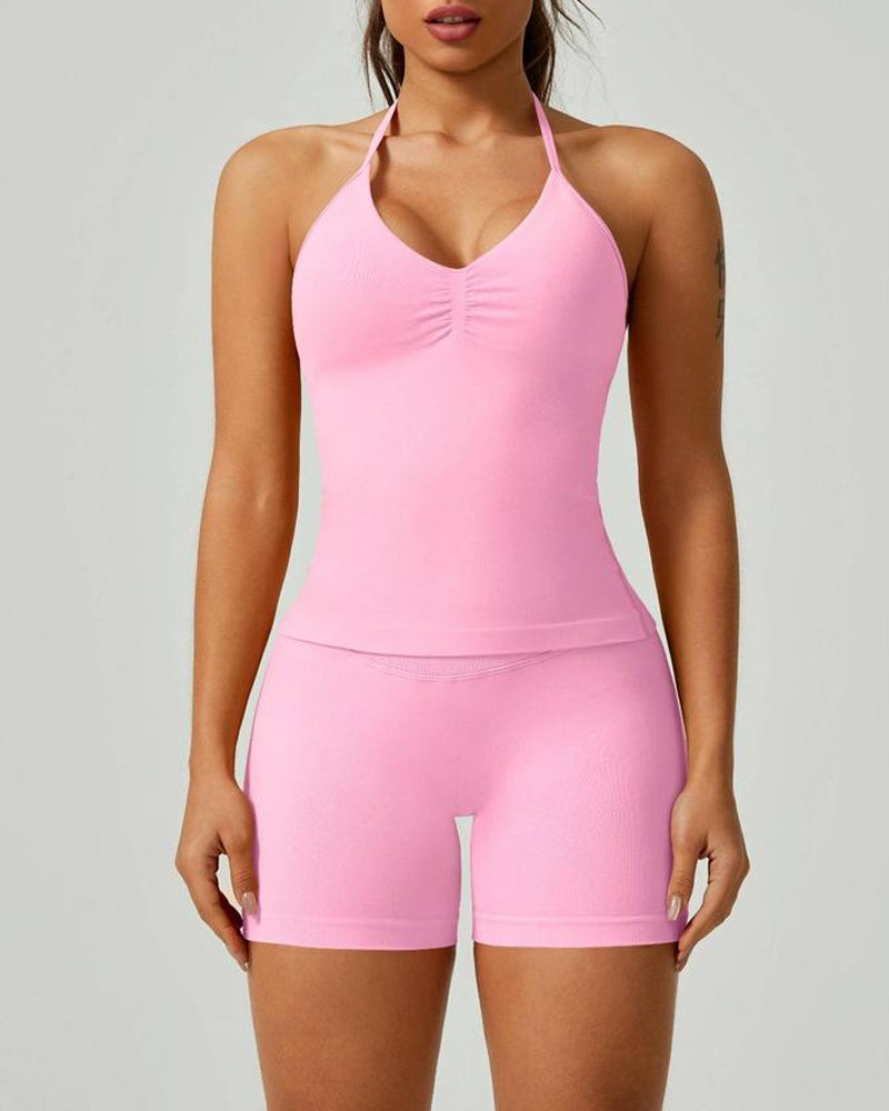 Solid Color Pleated Breathable Backless Top and High Waist Hip-Lifting Shorts Yoga Fitness Set