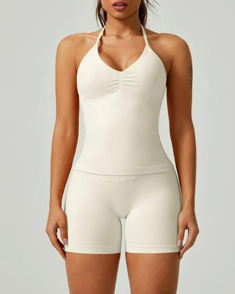 Solid Color Pleated Breathable Backless Top and High Waist Hip-Lifting Shorts Yoga Fitness Set