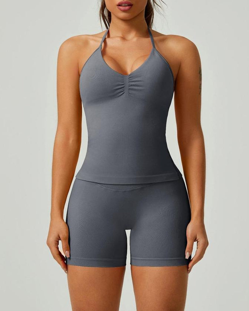 Solid Color Pleated Breathable Backless Top and High Waist Hip-Lifting Shorts Yoga Fitness Set