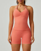 Solid Color Pleated Breathable Backless Top and High Waist Hip-Lifting Shorts Yoga Fitness Set