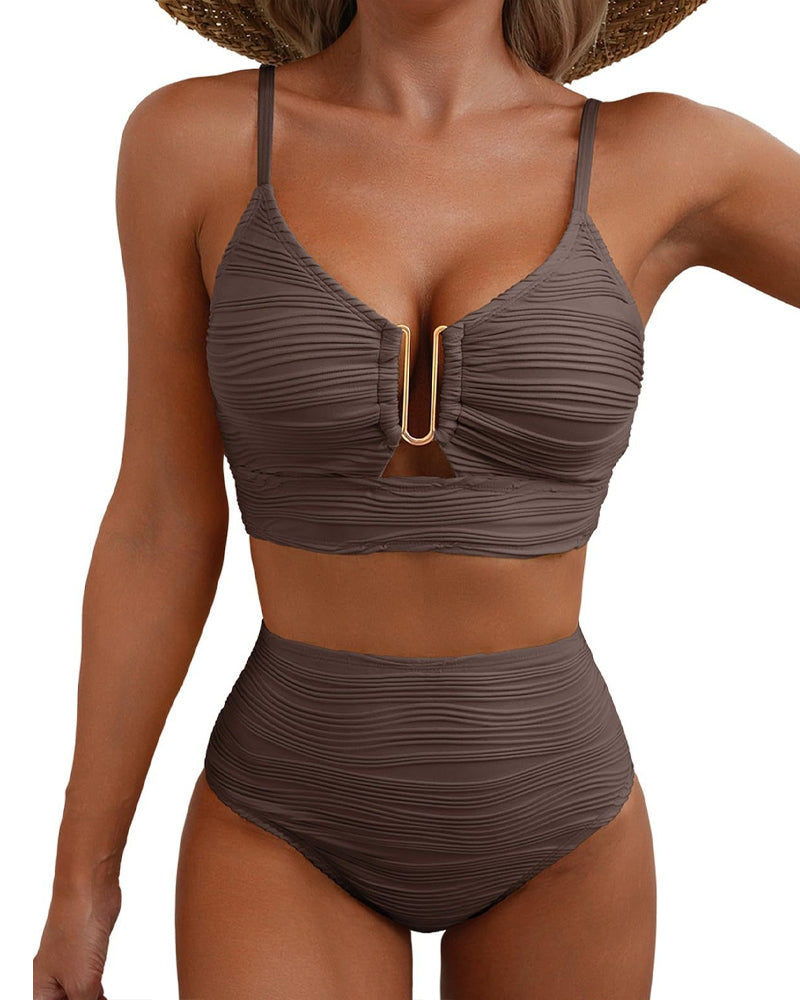 U-Shaped Underwire Hollow High Waist Textured Bikini Set
