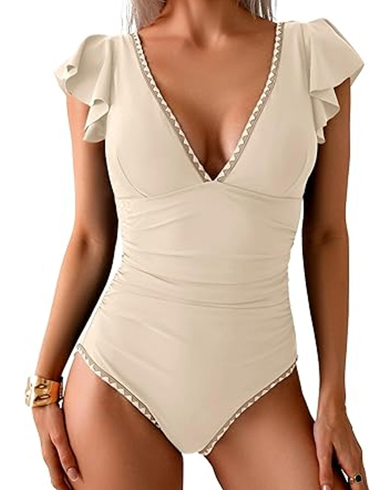 Deep V Ruffle Short-Sleeve Tummy-Controlling Printed One-Piece Swimsuit