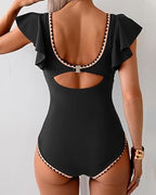 Deep V Ruffle Short-Sleeve Tummy-Controlling Printed One-Piece Swimsuit